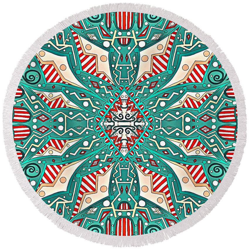 Geometric Abstract Design Round Beach Towel featuring the mixed media Abstract Geometric Design, Green on Green with Red and White Stripes by Lise Winne