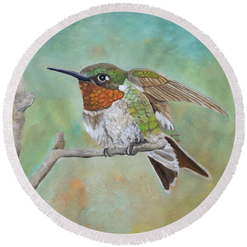 Hummingbird Round Beach Towel featuring the painting Perched In Place by Angeles M Pomata