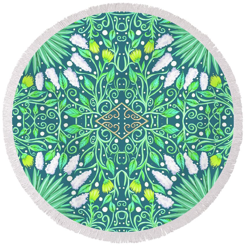 Turquoise Round Beach Towel featuring the mixed media Green on Turquoise Floral Design with White and Yellow Flowers by Lise Winne