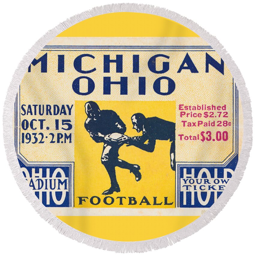 Michigan Round Beach Towel featuring the mixed media 1932 Michigan vs. Ohio State by Row One Brand