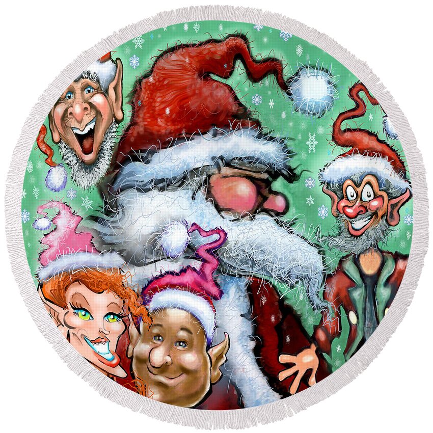 Santa Round Beach Towel featuring the digital art Santa and his Elves by Kevin Middleton