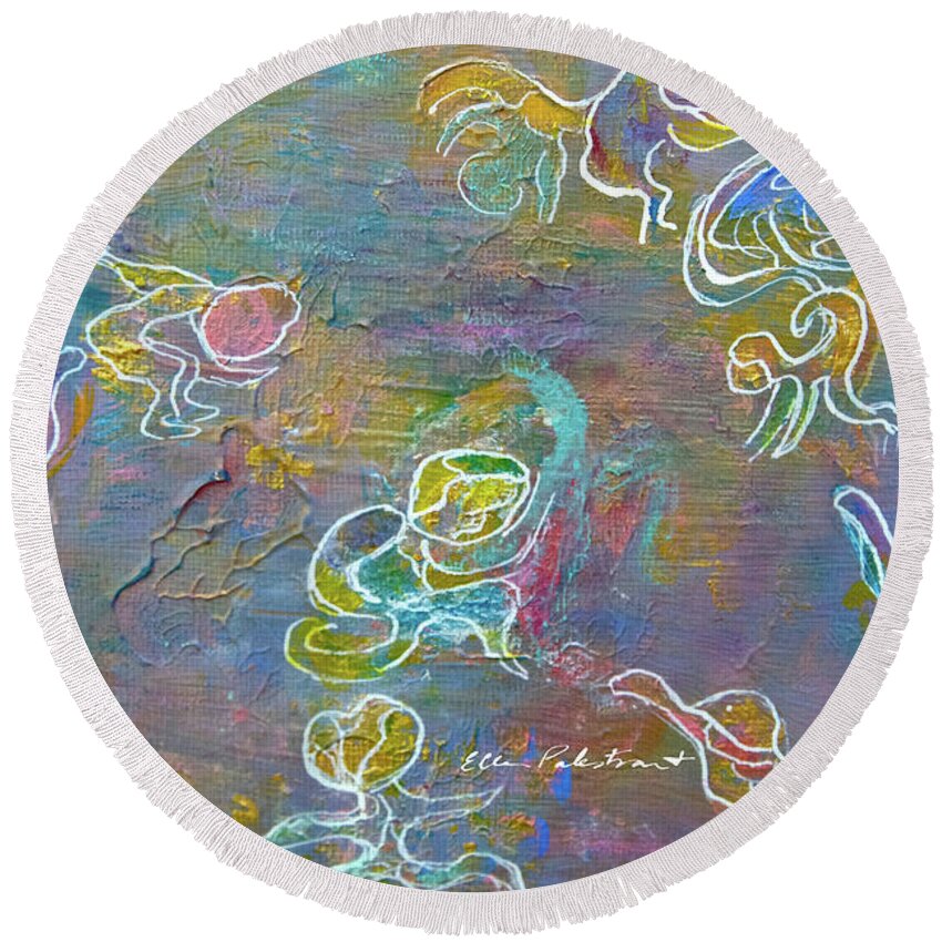 Ellen Palestrant Round Beach Towel featuring the painting We Are The Glimpsibles Flying Through The Sky by Ellen Palestrant