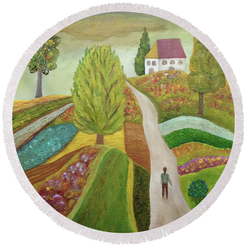 Cypress Round Beach Towel featuring the painting Dusk Walking Girl by Angeles M Pomata