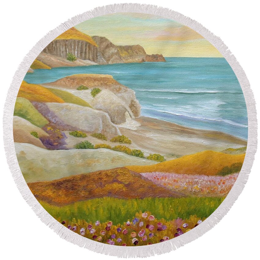 Wild Flowers Round Beach Towel featuring the painting Prairie By The Sea by Angeles M Pomata