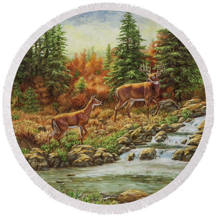 Deer Round Beach Towel featuring the painting Whitetail Deer - Follow Me by Crista Forest