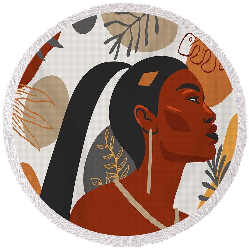 Drawing Round Beach Towel featuring the drawing Hand drawn abstract portrait of beautiful african american girl, monstera leaves background by Mounir Khalfouf