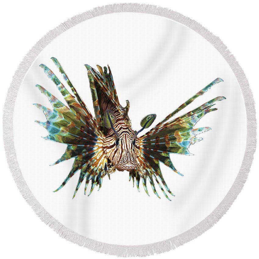 Abstract Round Beach Towel featuring the mixed media Lionfish - Close and intense - Reduced to the MAX - by Ute Niemann