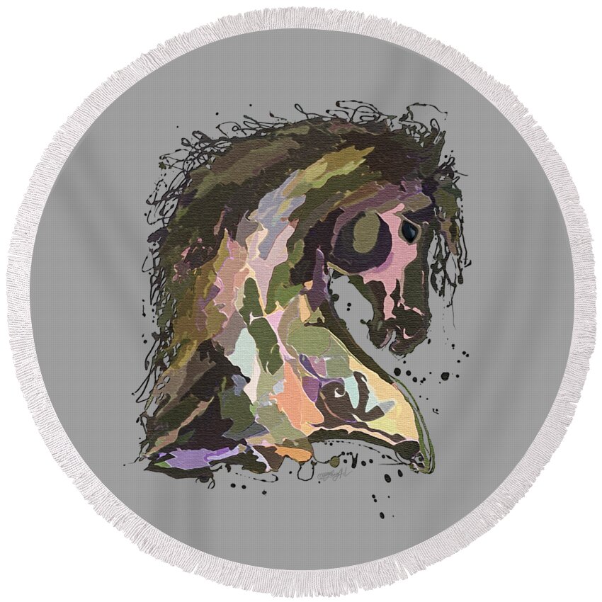  Round Beach Towel featuring the painting Khaki and Pink Horse Splatter Pollock Style Design by OLena Art