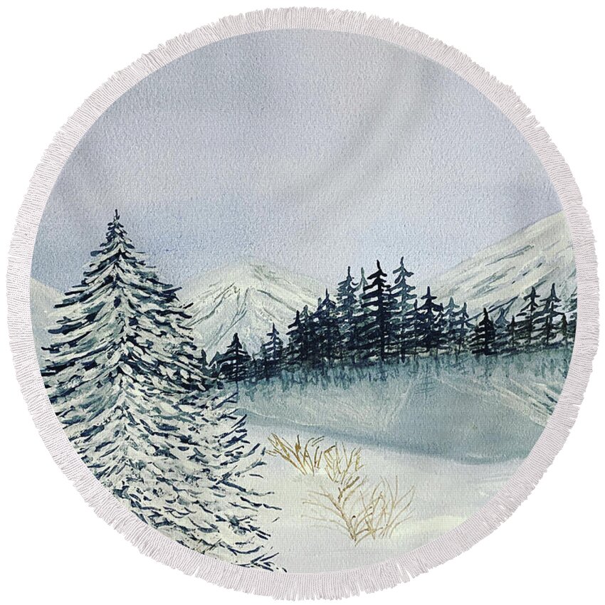 Winter Round Beach Towel featuring the painting Winter Tree and Mountains by Lisa Neuman