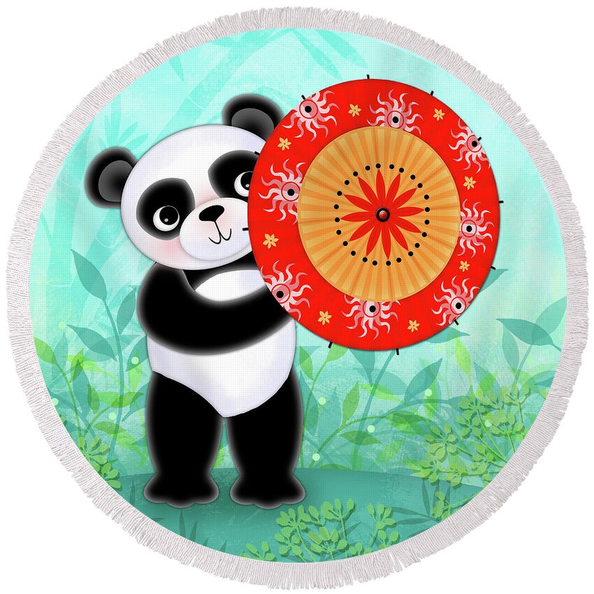 Letter P Round Beach Towel featuring the digital art P is for Panda and Parasol by Valerie Drake Lesiak