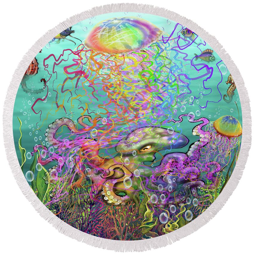 Rainbow Round Beach Towel featuring the digital art Rainbow Jellyfish and Friends by Kevin Middleton