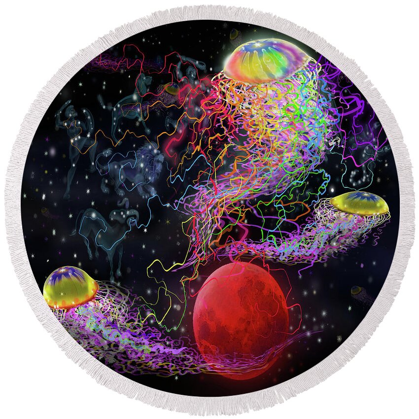 Space Round Beach Towel featuring the digital art Cosmic Connections by Kevin Middleton