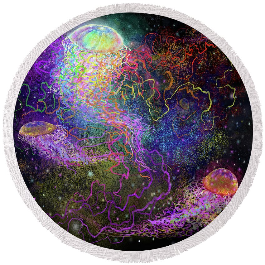 Cosmic Round Beach Towel featuring the digital art Cosmic Celebration by Kevin Middleton