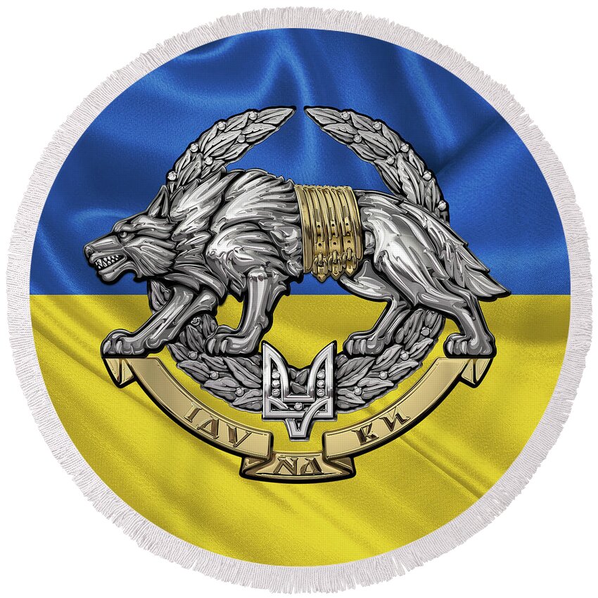 'military Insignia & Heraldry’ Collection By Serge Averbukh Round Beach Towel featuring the digital art Ukrainian Special Operations Forces - SSO Emblem over Ukrainian Colors by Serge Averbukh