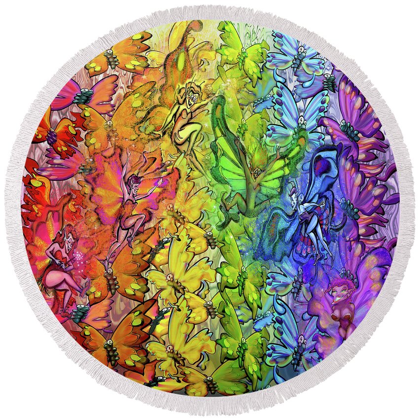 Butterfly Round Beach Towel featuring the digital art Butterflies Faeries Rainbow by Kevin Middleton