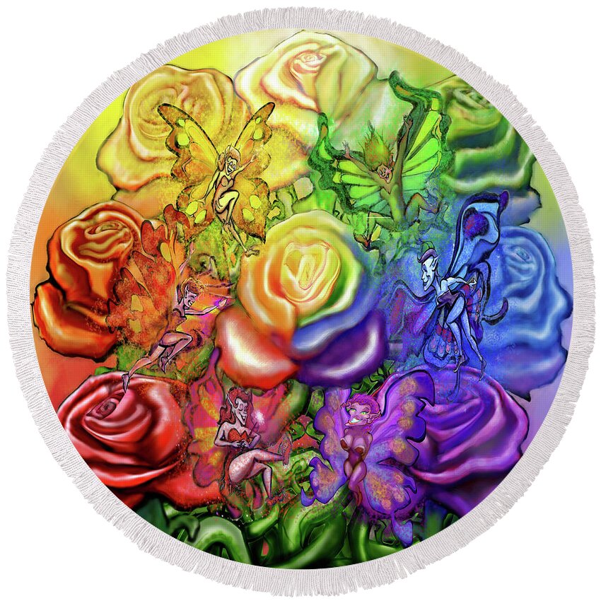 Rainbow Round Beach Towel featuring the digital art Roses Rainbow Pixies by Kevin Middleton