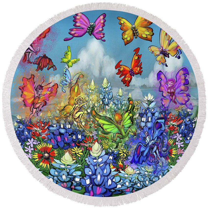 Wildflowers Round Beach Towel featuring the digital art Wildflowers Pixies Bluebonnets n Butterflies by Kevin Middleton