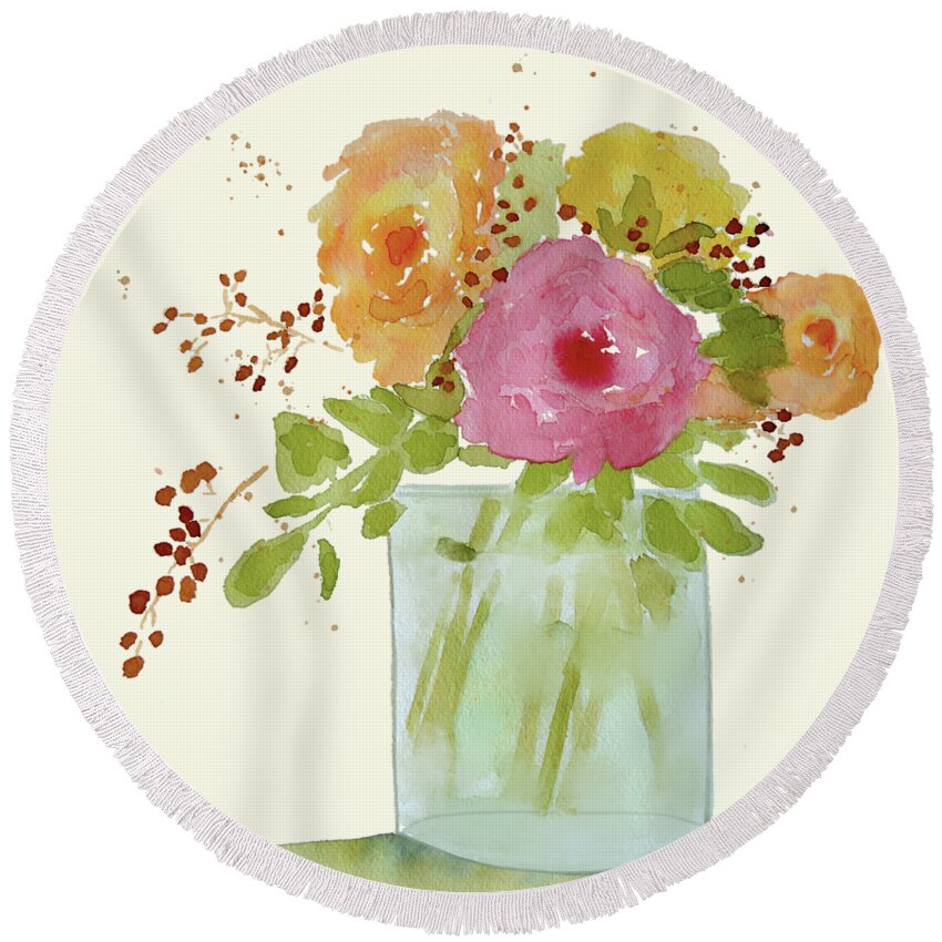 Roses Round Beach Towel featuring the painting Roses Still Life by Deborah League