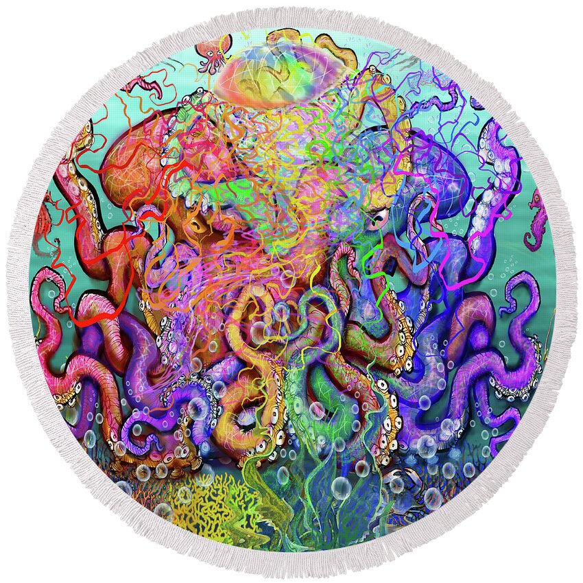 Octopus Round Beach Towel featuring the digital art Twisted Tango of Tentacles by Kevin Middleton