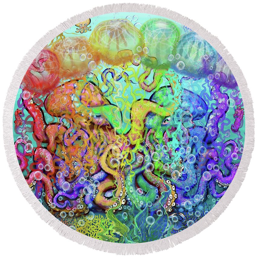 Octopi Round Beach Towel featuring the digital art Twisted Rainbow of Tentacles by Kevin Middleton