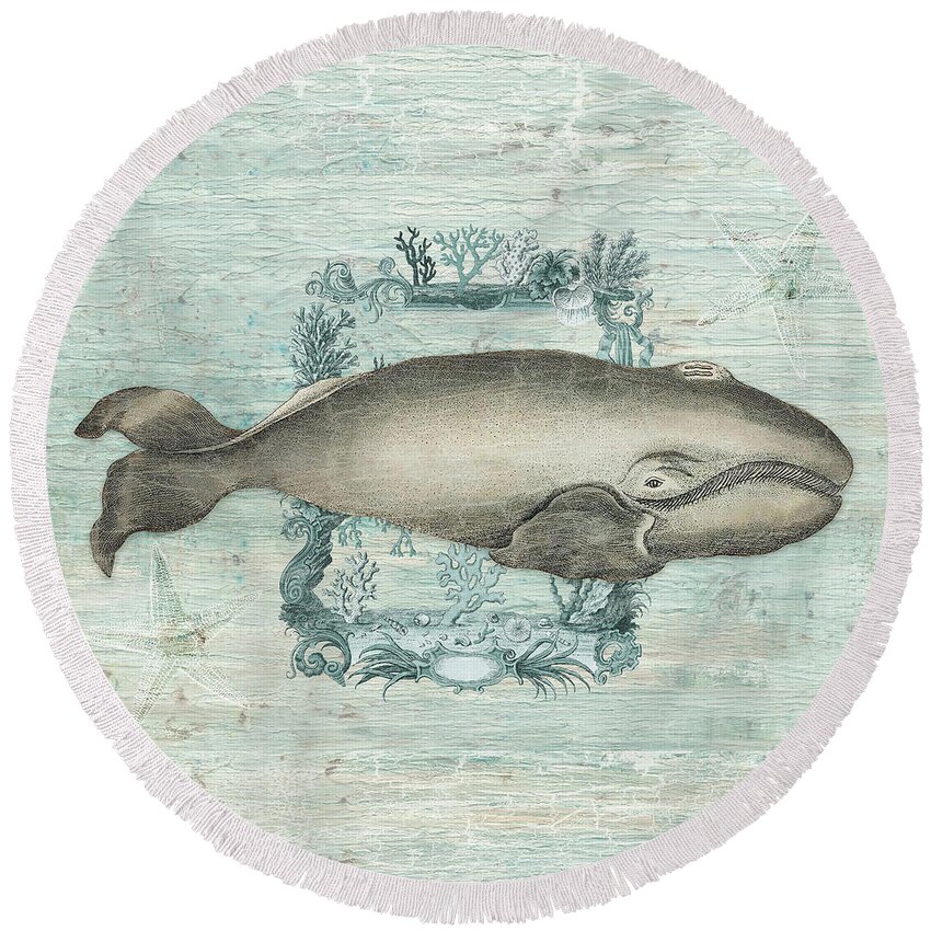 Nautical Ocean Round Beach Towel featuring the painting Nautical Ocean Beach Life - Whale and Starfish by Audrey Jeanne Roberts