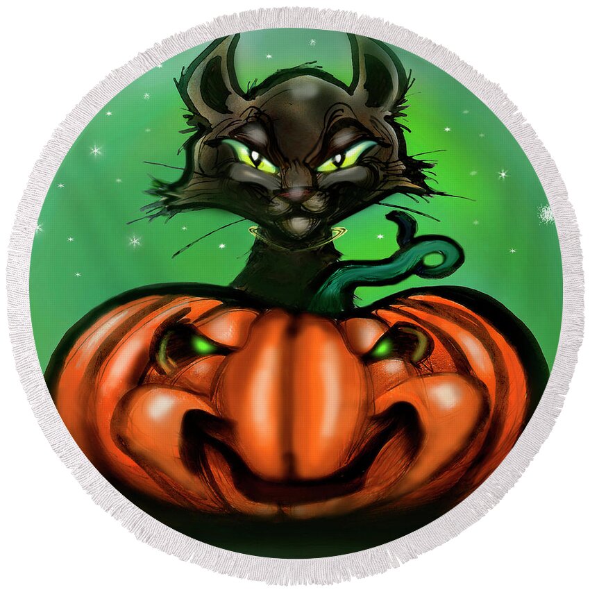 Halloween Round Beach Towel featuring the digital art Black Cat n Pumpkin by Kevin Middleton