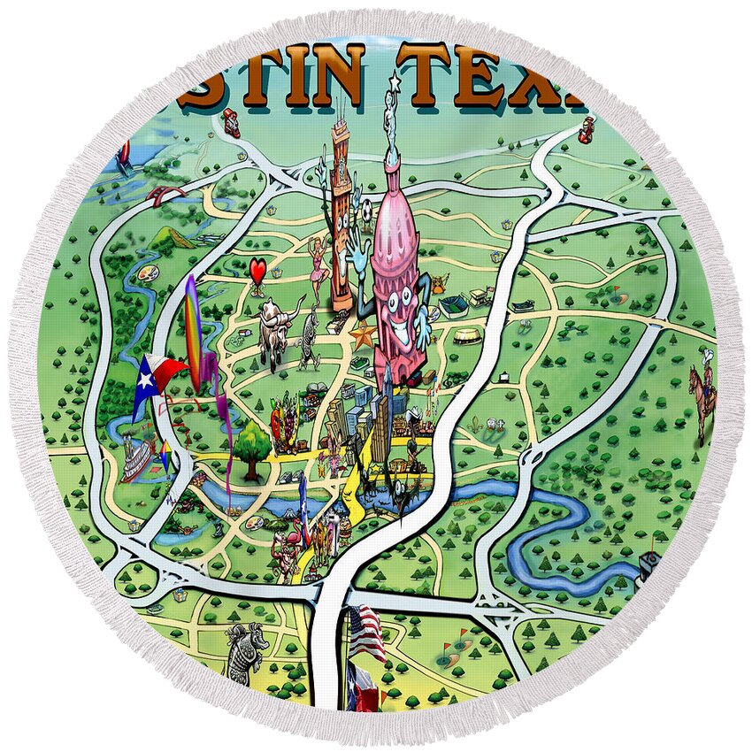 Austin Round Beach Towel featuring the painting Austin Texas Fun Map by Kevin Middleton