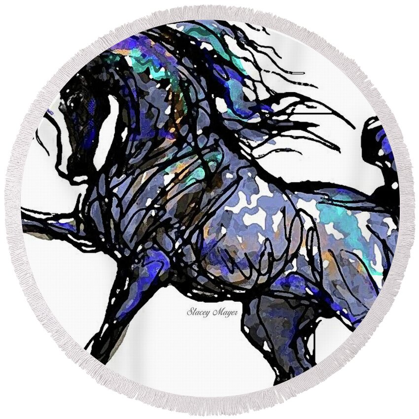 Horse Card Round Beach Towel featuring the digital art Arabian in Blue by Stacey Mayer