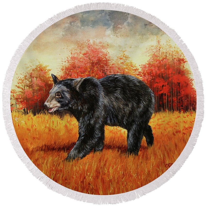 Bear Round Beach Towel featuring the painting Autumn Black Bear by Crista Forest