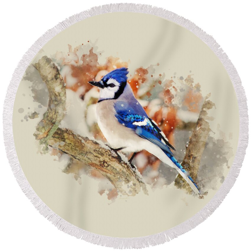 Blue Jay Round Beach Towel featuring the mixed media Beautiful Blue Jay - Watercolor Art by Christina Rollo