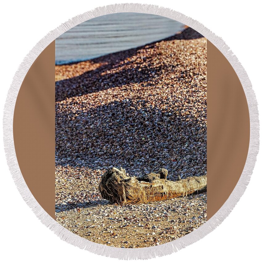 Beach Water Lake Sand Wood Shells Round Beach Towel featuring the photograph Asharoken1 by John Linnemeyer
