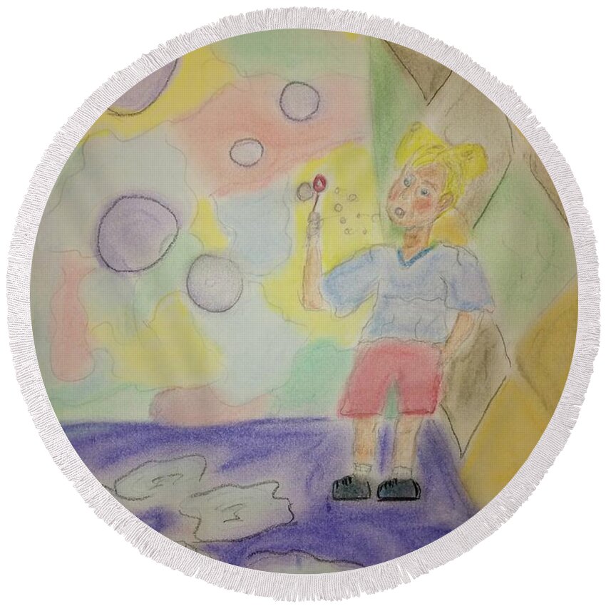 Child Round Beach Towel featuring the pastel Ashley Blowing Bubbles by Suzanne Berthier