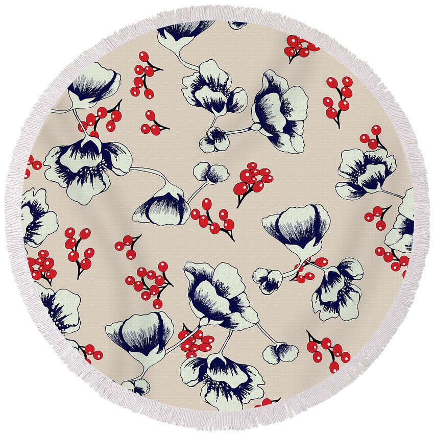 Asian Round Beach Towel featuring the digital art Asian Blossoms with Red Berries by Sand And Chi