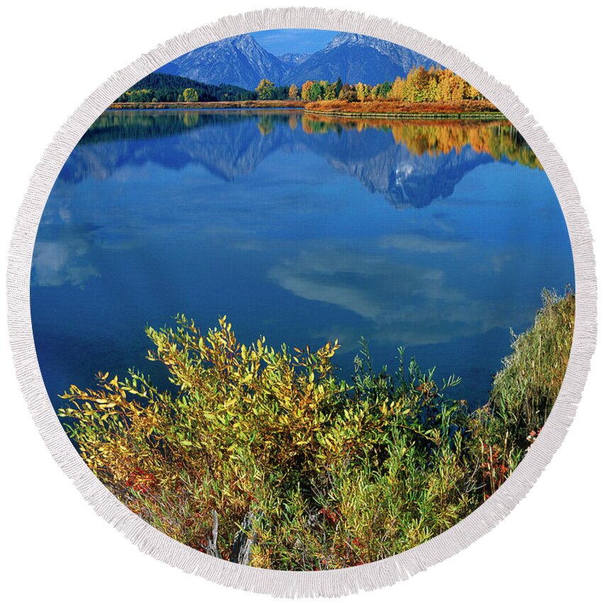 Dave Welling Round Beach Towel featuring the photograph Aspens Fall Oxbow Bend Grand Tetons National Park by Dave Welling