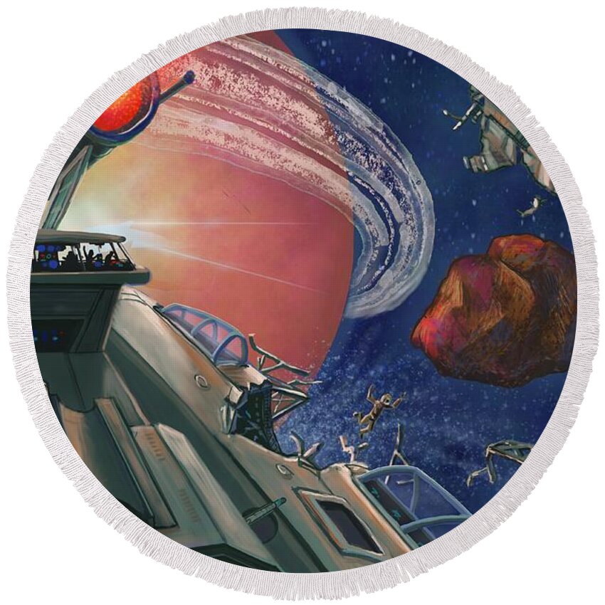 Outer Space Round Beach Towel featuring the painting Asteroid Event by Don Morgan