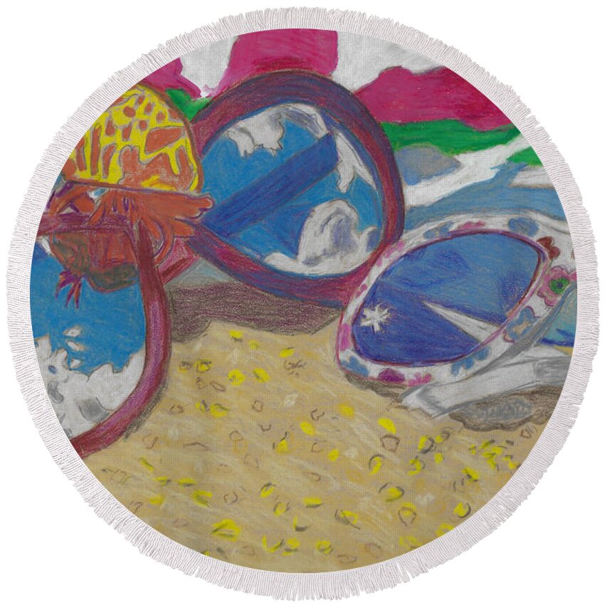 Beach Round Beach Towel featuring the drawing At the Beach Sunglasses Lying on the Sand with a Hermit Crab and Beach Towel by Ali Baucom