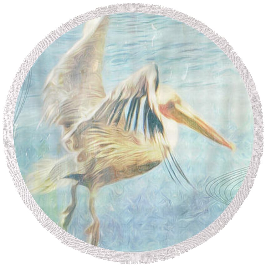 Pelican Round Beach Towel featuring the digital art At the Shore by Moira Law