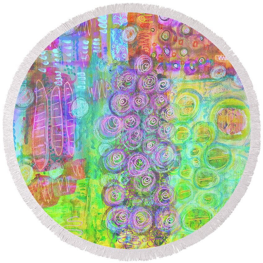 Waterlily Round Beach Towel featuring the mixed media At the Waterlilypond by Mimulux Patricia No