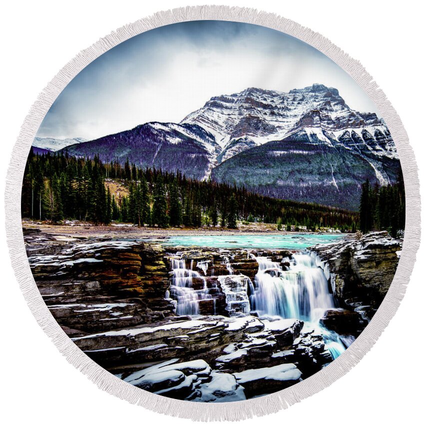 Jasper National Park Round Beach Towel featuring the photograph Athabasca Falls by Darcy Dietrich