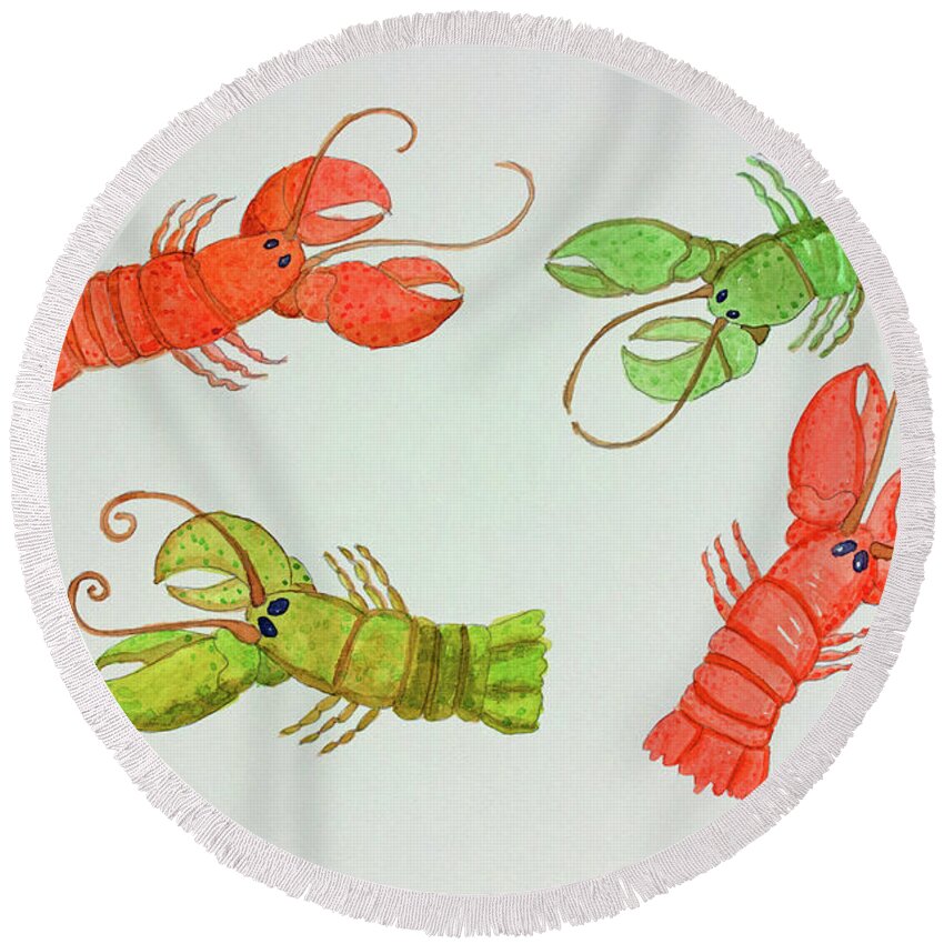 Atlantic Lobsters A Pen & Ink Watercolor Painting By Norma Appleton Round Beach Towel featuring the painting Atlantic Lobsters by Norma Appleton