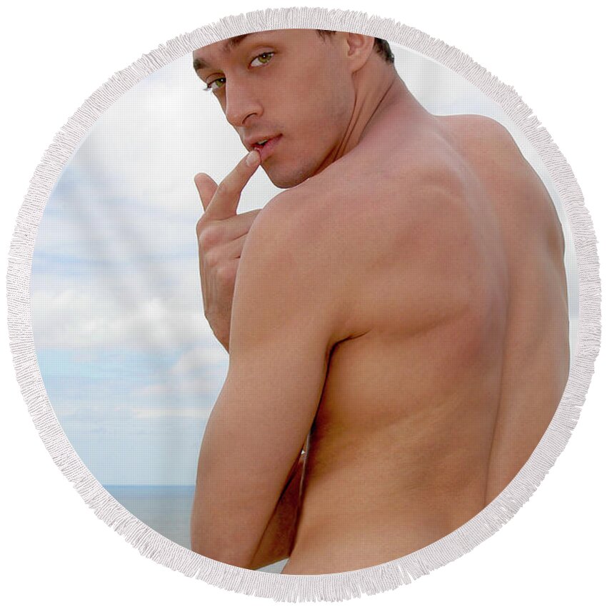 Beach Round Beach Towel featuring the photograph Attractive, muscular, and silly male model pulls down his pants... by Gunther Allen