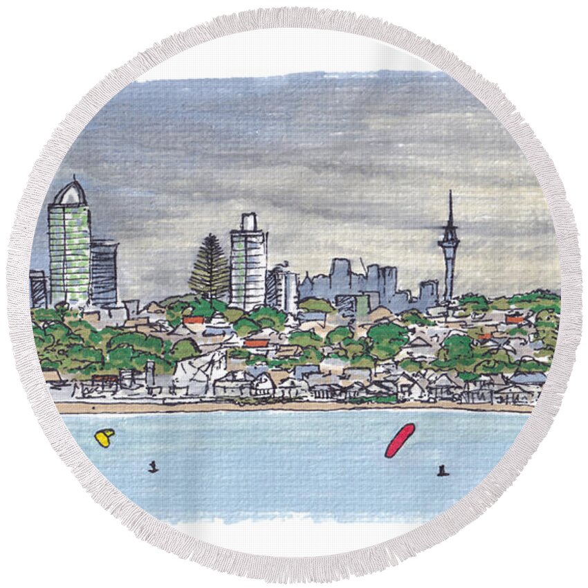 New Zealand Round Beach Towel featuring the painting Auckland Storm by Tom Napper
