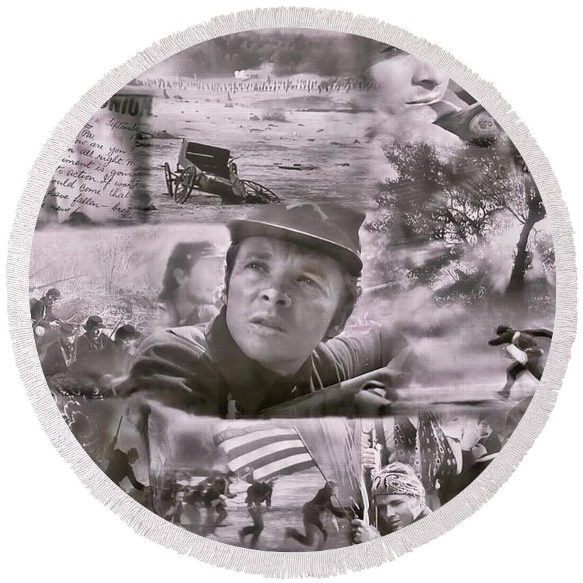 Audie Murphy Round Beach Towel featuring the photograph Audie Murphy Red Badge of Courage Photo Montage by Dyle Warren
