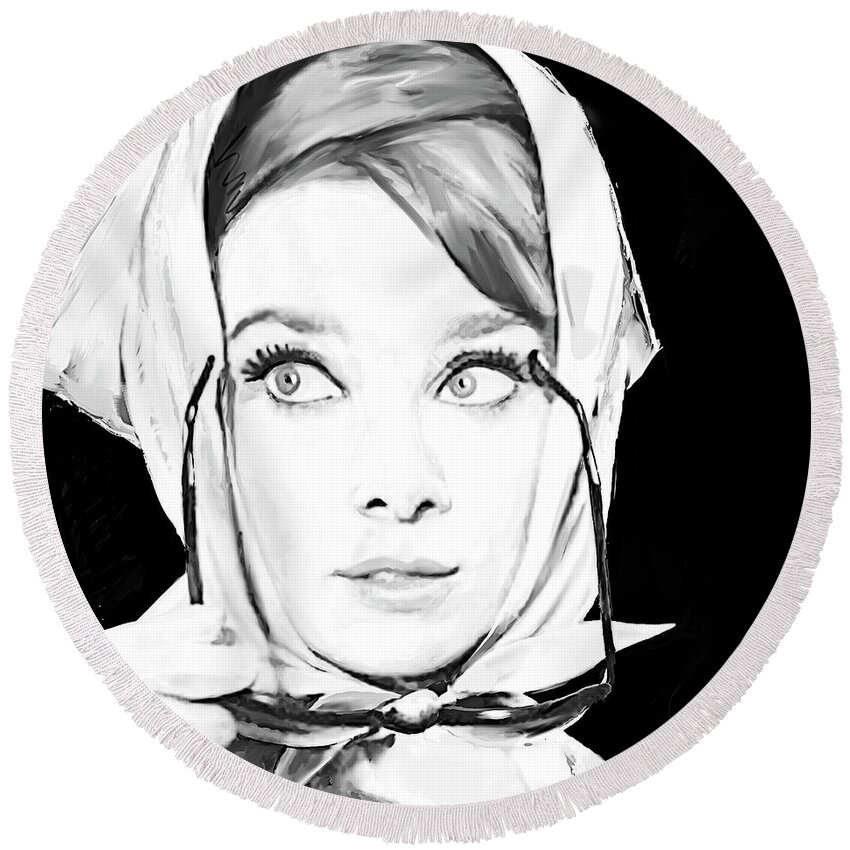 Audrey Round Beach Towel featuring the painting Audrey Hepburn 3 Black/white by Jackie Medow-Jacobson