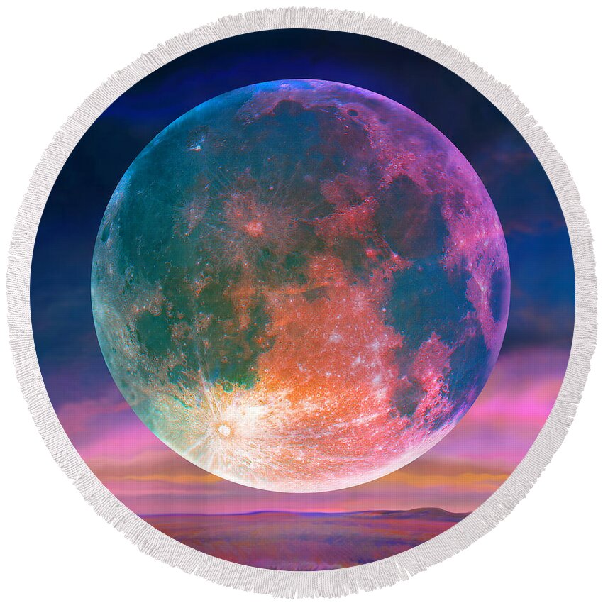August Moon Round Beach Towel featuring the digital art Augustine Moon by Robin Moline
