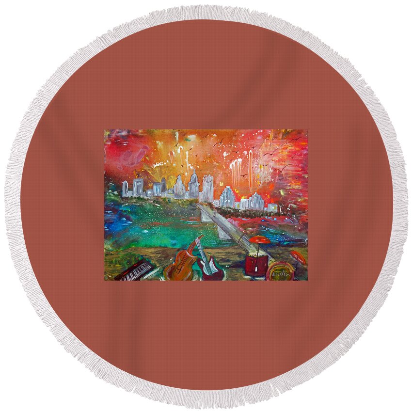 City Town Building Round Beach Towel featuring the painting Austin on the Fourth of July by Genevieve Holland