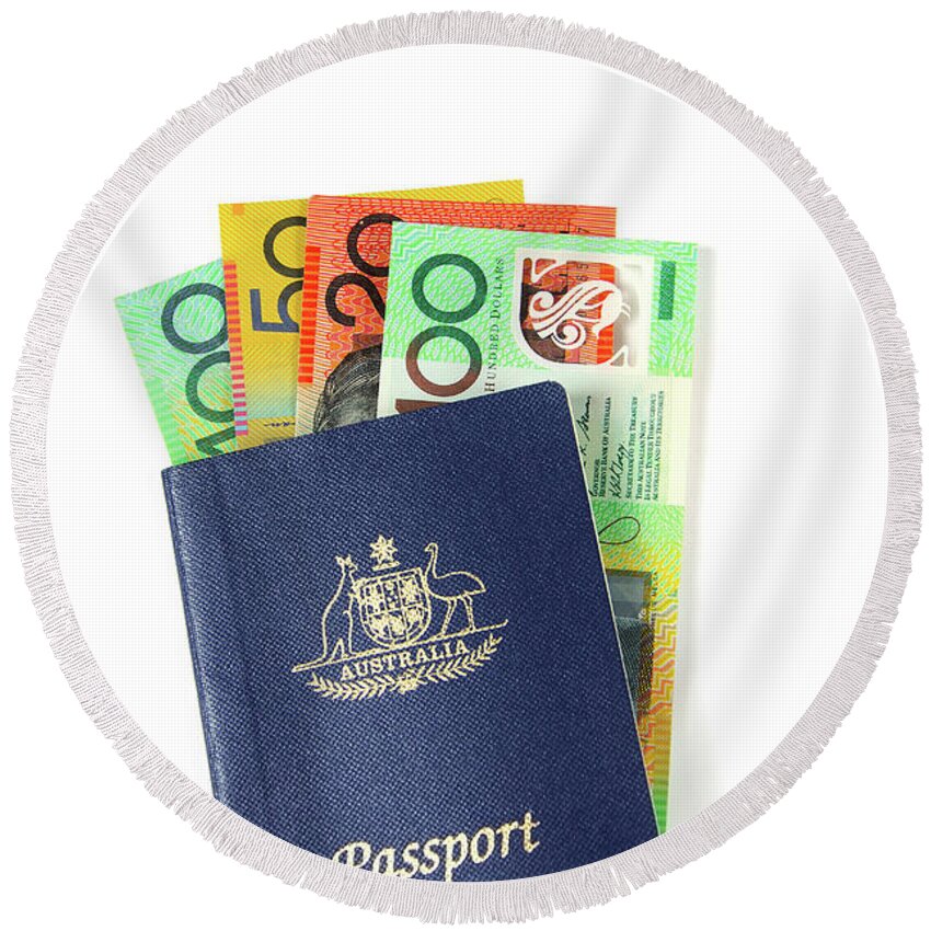 Money Round Beach Towel featuring the photograph Australian Money with passport by Milleflore Images