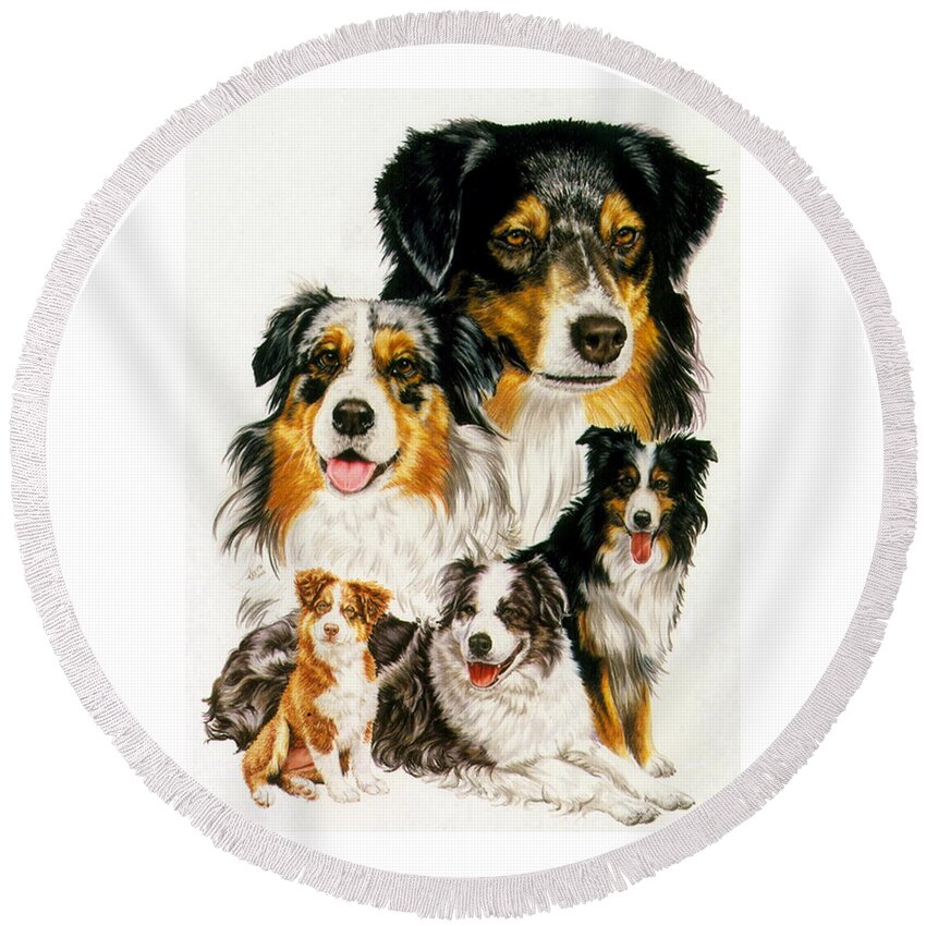 Purebred Round Beach Towel featuring the drawing Australian Shepherd Collage by Barbara Keith
