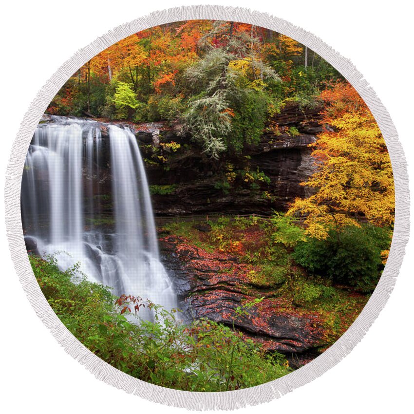Waterfalls Round Beach Towel featuring the photograph Autumn at Dry Falls - Highlands NC Waterfalls by Dave Allen