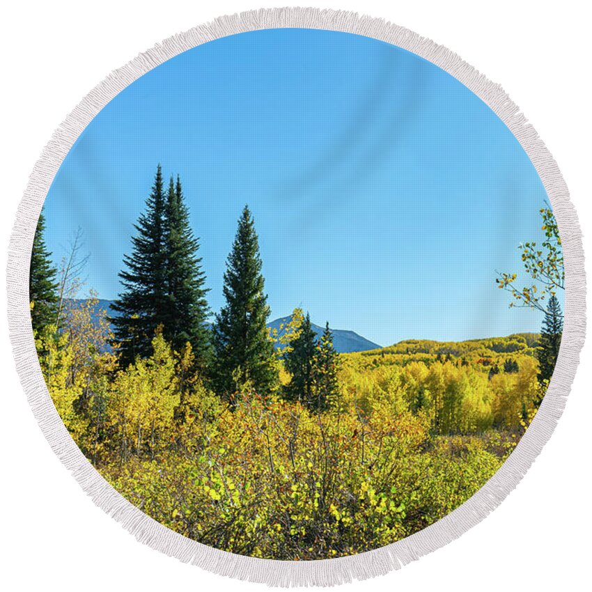 Aspens Round Beach Towel featuring the photograph Autumn at Lost Lake by Ron Long Ltd Photography